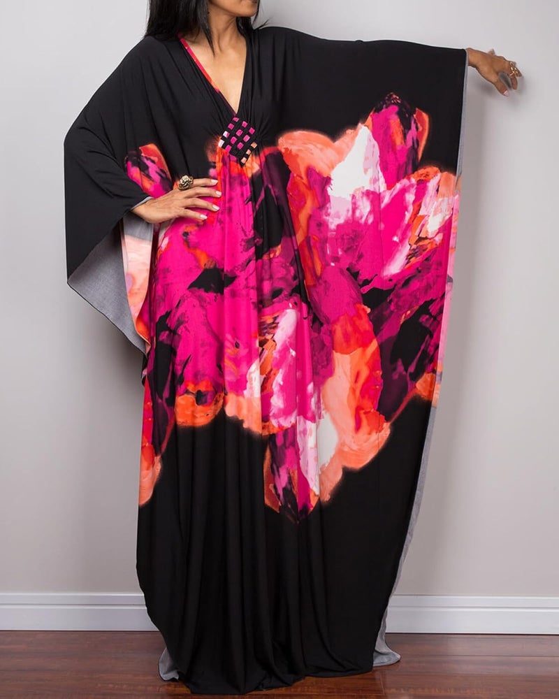 Bsubseach Women Ethnic Print Kaftan Beach Dress Plus Size Swimsuit Cover Up - Image 1